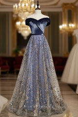 Blue Tulle Sequins Off the Shoulder Prom Dresses