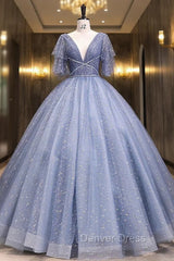 Blue Tulle Sequins Pleats V-neck Quinceanera Dresses