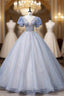 Blue Tulle Sequins See Through V Neck Puff Sleeve Beading Quinceanera Dresses