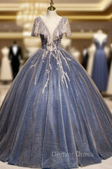 Blue Tulle Sequins See Through V-neck Quinceanera Dresses