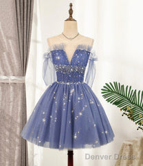 Blue Tulle Sequins Short A Line Homecoming Dress Party Dress