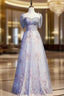 Blue Tulle Sequins Short Sleeve Beading Prom Dresses
