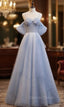 Blue Tulle Sequins Spaghetti Straps Beading Prom Dresses