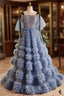 Blue Tulle Sequins Spaghetti Straps Tiers Prom Dresses