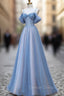 Blue Tulle Sequins Spahetti Straps Prom Dresses