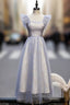 Blue Tulle Sequins Square Ankle Length Prom Dresses