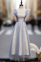 Blue Tulle Sequins Square Ankle Length Prom Dresses