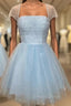 Blue Tulle Sequins Square Pearls Homecoming Dresses