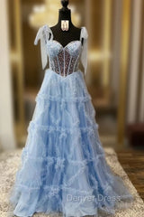 Blue Tulle Sequins Straples Prom Dresses