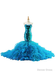 Blue Tulle Sequins Strapless Mermaid Trailing Wedding Dress