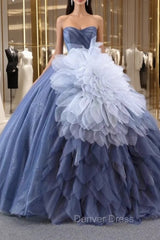 Blue Tulle Sequins Strapless Prom Dresses With Detachable Puff Tulle