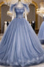 Blue Tulle Sequins Straps Pleats Prom Dresses