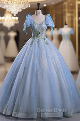 Blue Tulle Sequins V-neck Beading Quinceanera Dresses