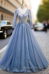 Blue Tulle Sequins V-neck Long Sleeve Beading Prom Dresses