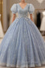 Blue Tulle Sequins V Neck Pleats Short Sleeve Quinceanera Dresses