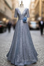 Blue Tulle Sequins V Neck Short Sleeve Beading Prom Dresses