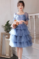 Blue Tulle Short A-Line Prom Dresses, Blue Mini Party Dresses