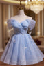 Blue Tulle Short Party Dresses, Lovely A-Line Off Shoulder Prom Dresses