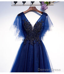 Blue Tulle Short Party Dress With Lace Applique, Blue Formal Dress Prom Dresses