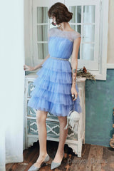 Blue Tulle Short Prom Dress, Cute Round Neck Layered Blue Party Dress