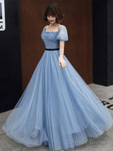 Blue Tulle Short Sleeves Long Party Dress, A-Line Blue Prom Formal Dress