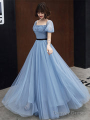 Blue Tulle Short Sleeves Long Party Dress, A-Line Blue Prom Formal Dress