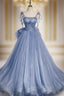 Blue Tulle Spaghetti Straps Flower Bow Prom Dresses
