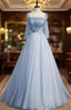 Blue Tulle Spaghetti Straps Sleeveless Prom Dresses