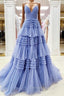 Blue Tulle Spaghetti Straps Tiers Prom Dresses