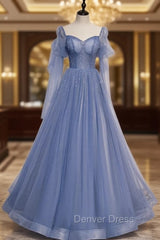 Blue Tulle Square Long Sleeve Beading Prom Dresses