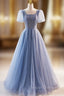 Blue Tulle Square Neck Puff Sleeve Prom Dresses