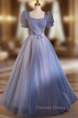 Blue Tulle Square Neck Short Sleeve Beading Flower Prom Dresses