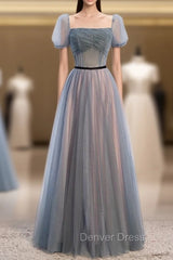 Blue Tulle Square Short Sleeve Pleats Beading Prom Dresses