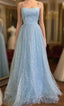 Blue Tulle Star Sequins Spaghetti Straps Prom Dresses