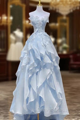 Blue Tulle Strapless Appliques Prom Dresses