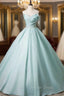 Blue Tulle Strapless Pleats Beading Prom Dresses
