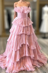 Blue Tulle Strapless Tiers Prom Dresses