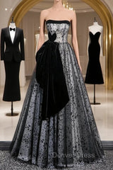 Blue Tulle Strapless Velvet Prom Dresses