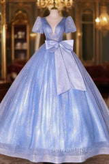 Blue Tulle Suquins Puff Sleeve Quinceanera Dresses