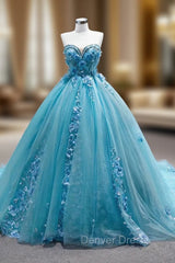 Blue Tulle Sweetheart Appliques Beading Prom Dresses