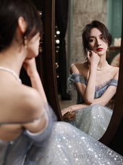 Blue Tulle Sweetheart Beaded Long Formal Evening Dress, A-Line Tulle Party Dresses