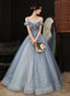 Blue Tulle Sweetheart Beaded Long Prom Dress, A Line Tulle Prom Dresses
