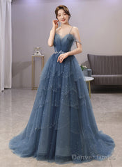 Blue Tulle Sweetheart Beaded Straps A-Line Junior Prom Dress, Blue Long Evening Dress