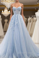 Blue Tulle Sweetheart Neck Appliques Prom Dresses