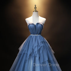 Blue Tulle Sweetheart Simple Pretty Floor Length Party Dresses, Blue A-line Evening Dresses Prom Dresses