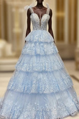 Blue Tulle Tiers Appliques Sequins Prom Dresses