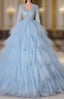 Blue Tulle Tulle Short Sleeve Appliques Quinceanera Dresses