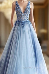 Blue Tulle V-neck Appliques Beading Prom Dresses
