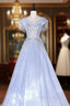Blue Tulle V Neck Appliques Quinceanera Dresses