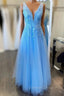 Blue Tulle V Neck Backless Appliques Prom Dresses
